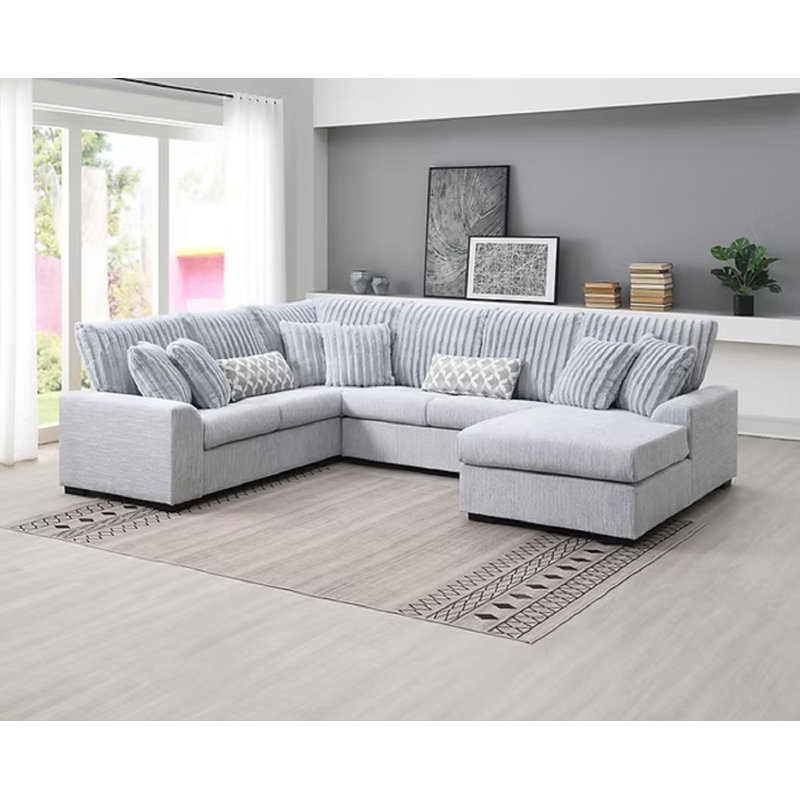 Canapé modulaire 4 pièces avec méridienne en tissu Runcorn, Tissu gris