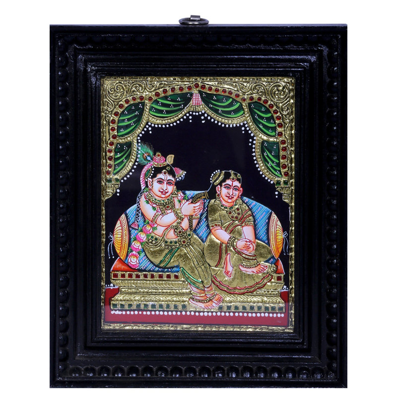 Peinture de Radha Krishna Tanjore avec cadre en bois de teck | Couleurs traditionnelles avec or 24 carats | Fait à la main