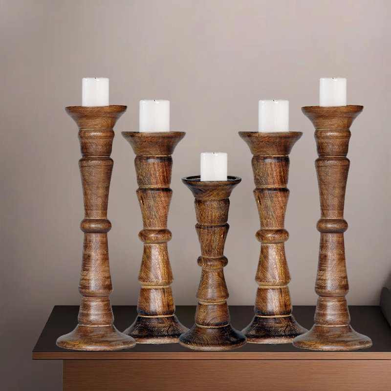 15'' H Wood Tabletop Candlestick, Medium Burnt
