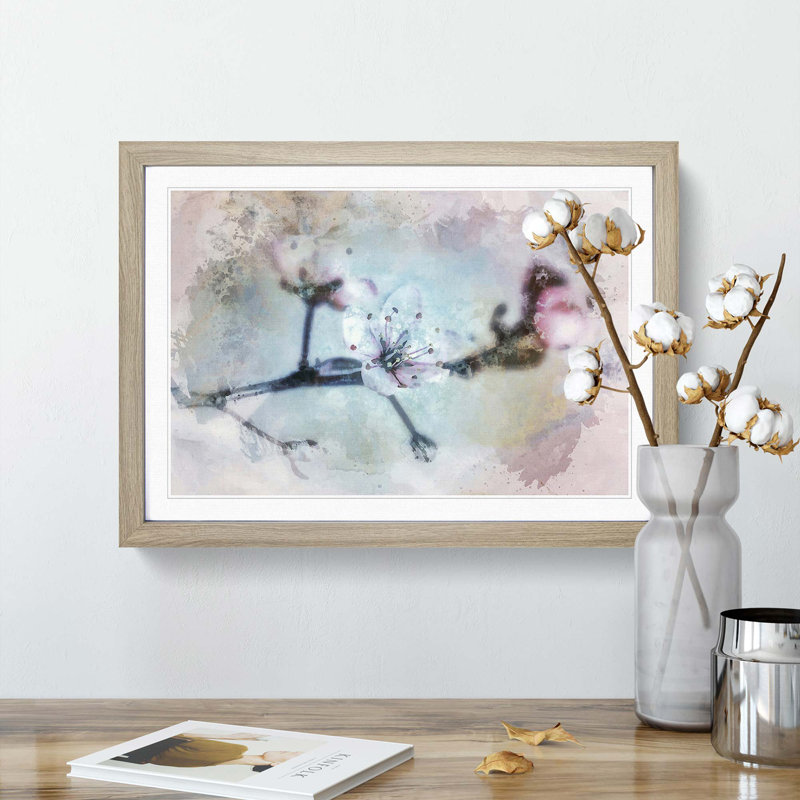 Flowers of a Cherry Blossom in Abstract - Picture Frame Graphic Art Print, 35cm H x 50cm W x 2cm D, Oak