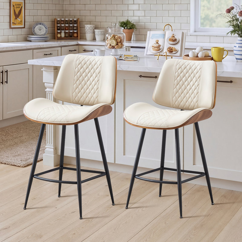 26.97" Counter Stool With Faux Leather And Curved Walnut Wood Backrest Design, Beige