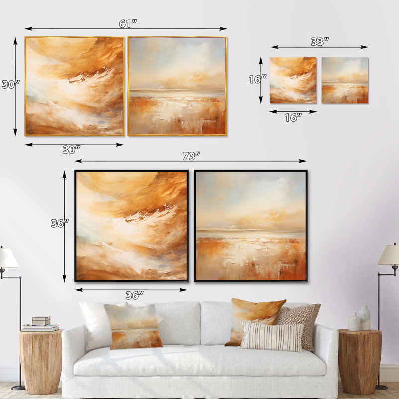 Beige Sandy Clouds Horizon I - ensemble de 2 nuages carrés, Cadre flottant blanc, H 36 po x l 73 po