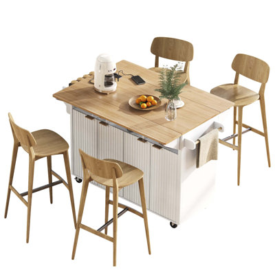 Versatile Fluted Kitchen Island With 2 Drop Leaf, Power Outlet, And Ample Storage For Modern Kitchens