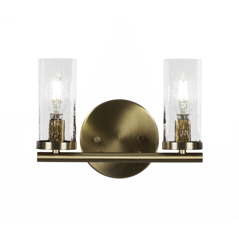 Trinity 2 Light Bath Bar Shown 2.5” Clear Bubble Glass, Laiton