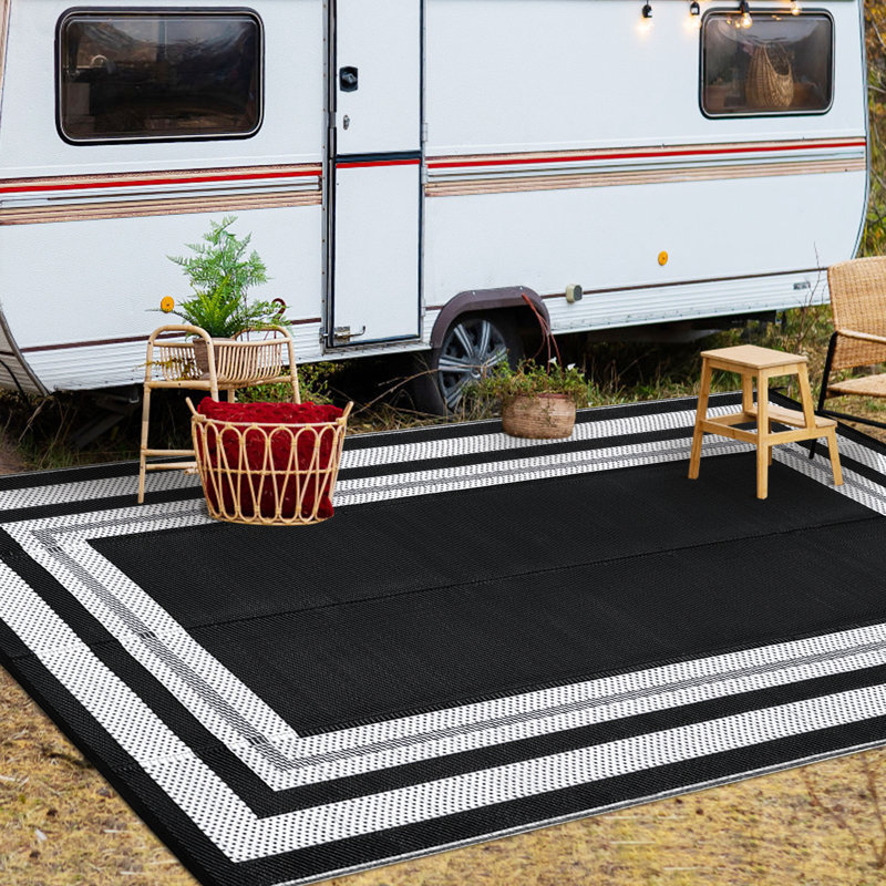 Tapis de paille en plastique à bordure bordée pour l'extérieur, Black/White, Rectangulaire 8 pi x 10 pi