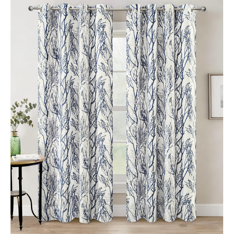 Jadin Tree Branch Linen Floral Room Darkening Thermal Outdoor Grommet Curtain Panels, Dark Blue, 52" W x 102" L