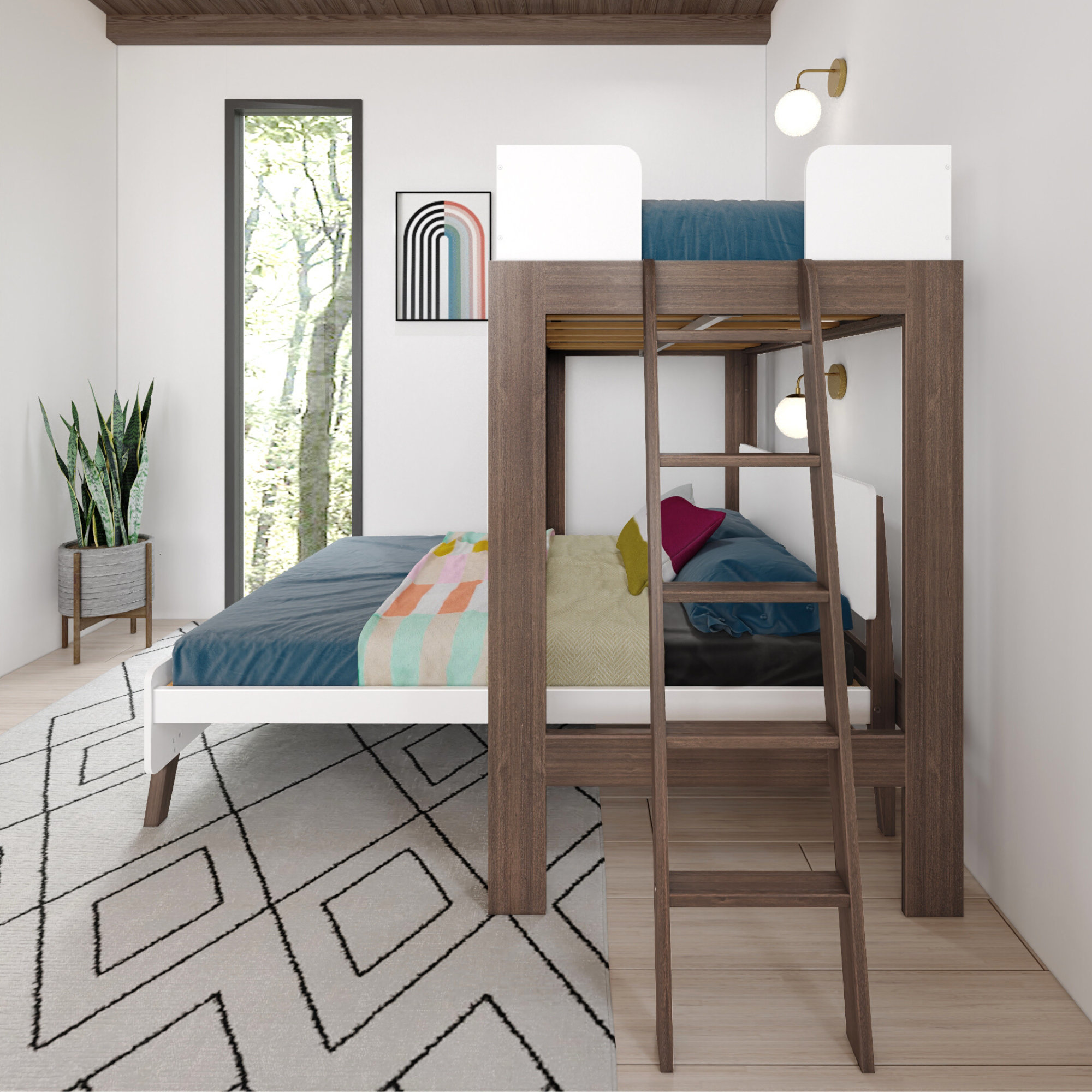 Ambur Solid Wood L-Shaped Bunk Beds by Isabelle & Max, White/Walnut, Twin over Full