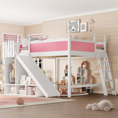 Grand lit mezzanine avec tablettes de rangement, garde-robe, glissade amovible, contreplaqué, rose et blanc, chambre à coucher stable et adaptable à la pièce