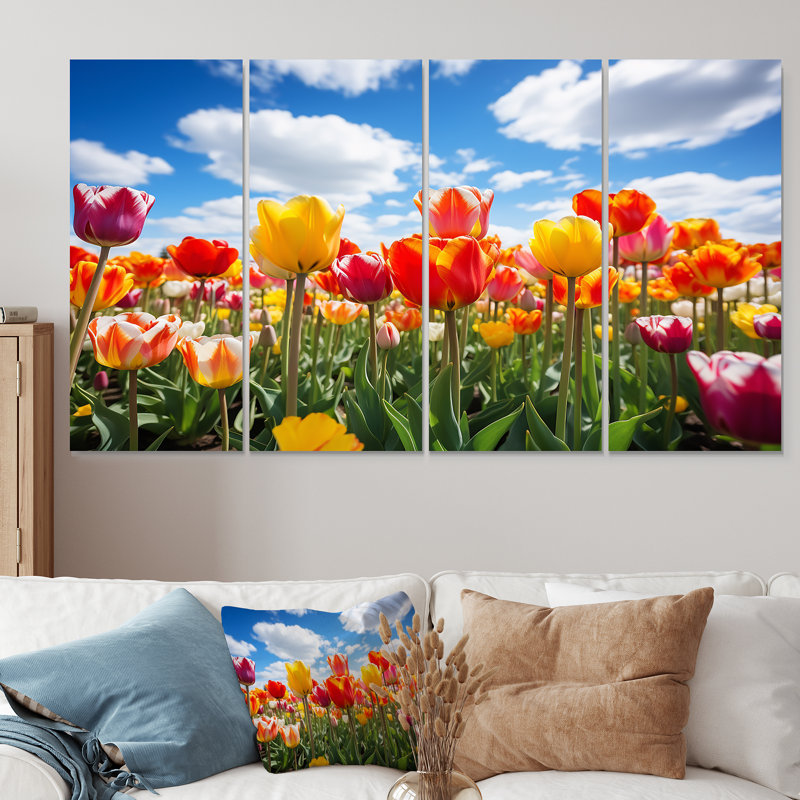 Décoration murale 4 pièces jaune et orange champ de tulipes - tulipe, H 28 po x l 48 po