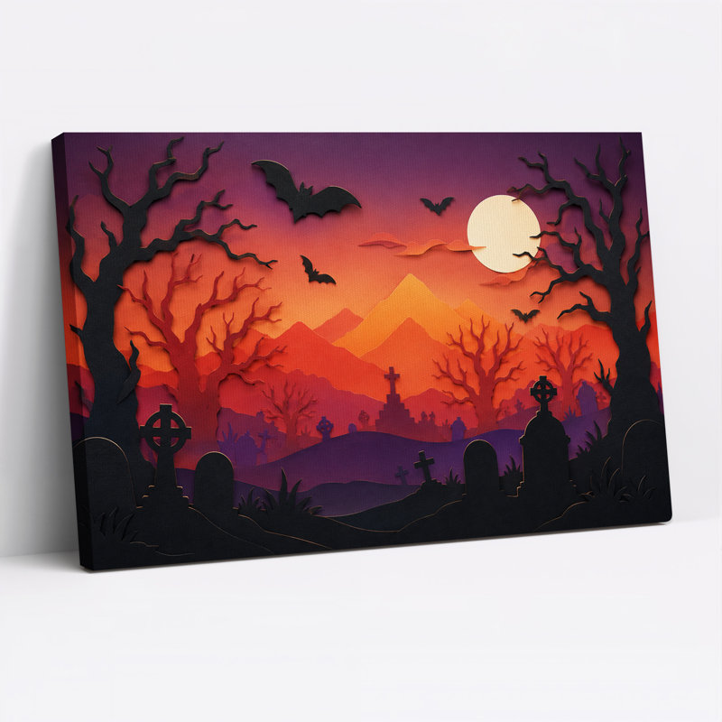 Tableau sur toile d'Halloween représentant un cimetière orange et violet avec des chauves-souris et la lune