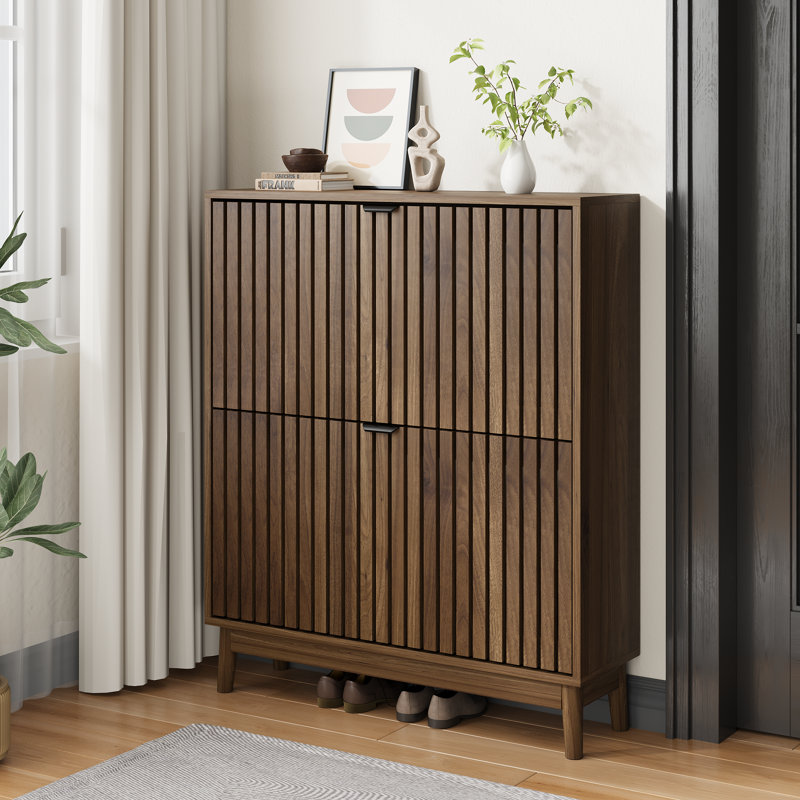 Shoe Storage Cabinet with Flip-Down Drawers,Freestanding Entryway 16-24 Pairs Slim Shoe Cabinet,Walnut, Brown Wood