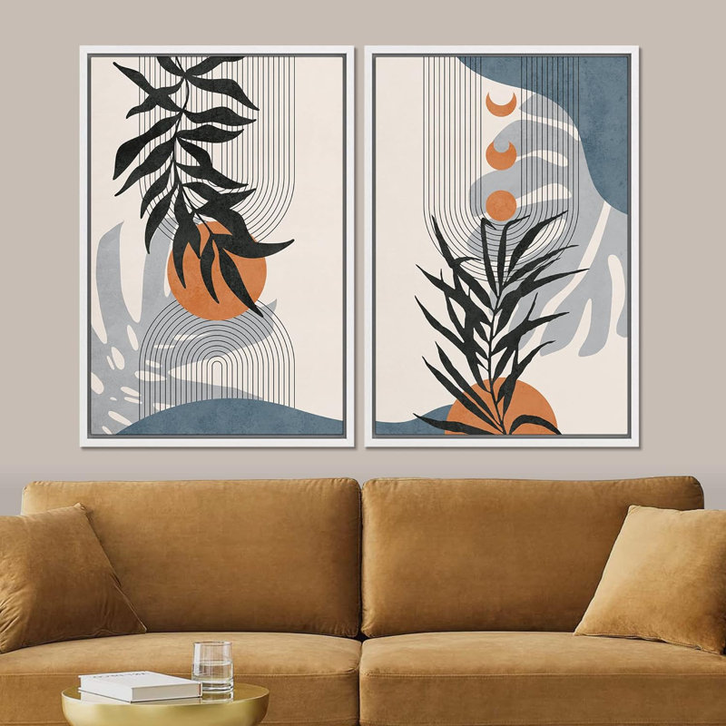 Silhouettes de plantes de la forêt et symboles du milieu du siècle, formes abstraites, bohème moderne, nature, chic, 2 pièces