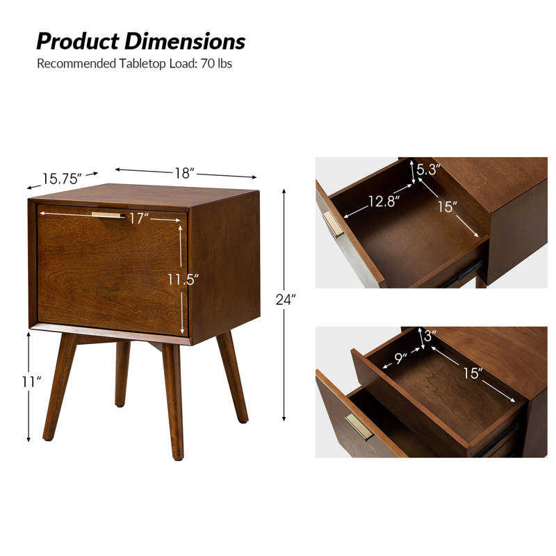 Boneva Mid-century Modern 18''W 2-Drawer End Table with Hidden Drawer and Charging Station, Walnut