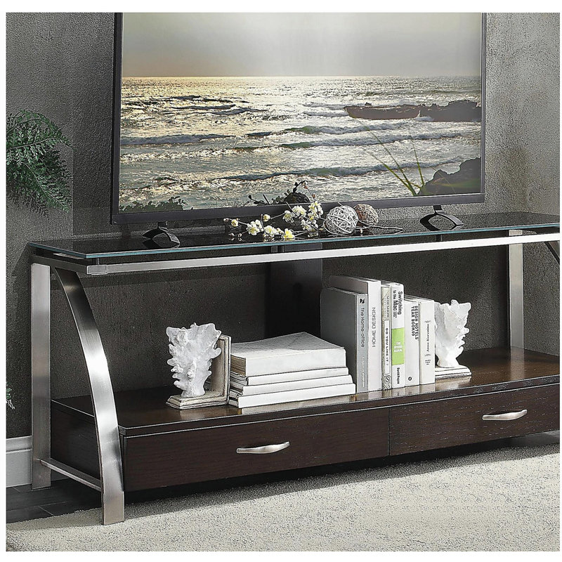 Meuble télé 1 pièce de conception moderne avec plateau en verre et cadre en acier inoxydable