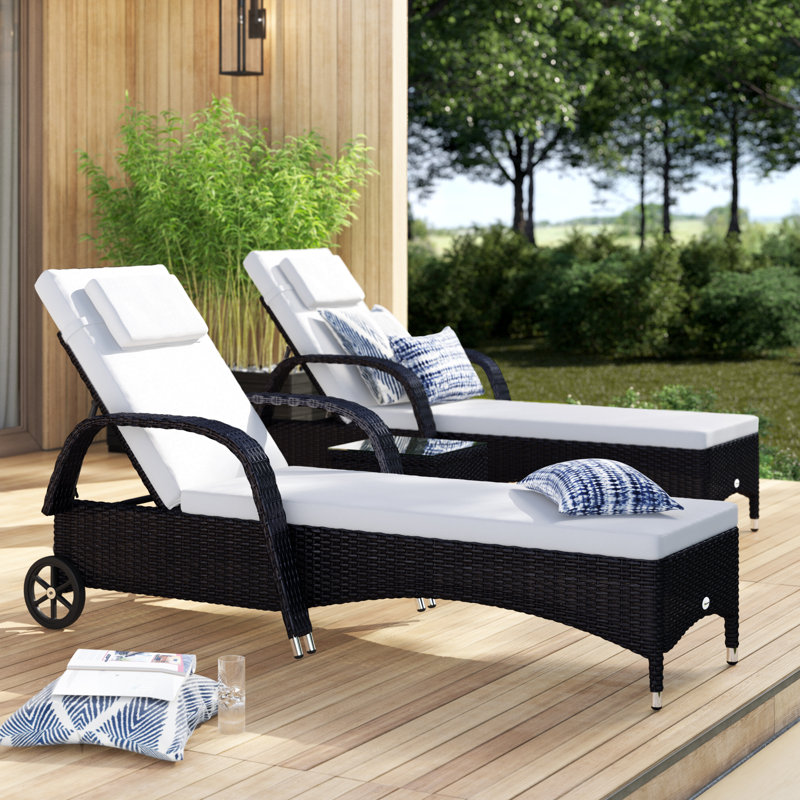 Kloss Outdoor Metal Chaise Lounge with Table , Cushion Included, White, Black