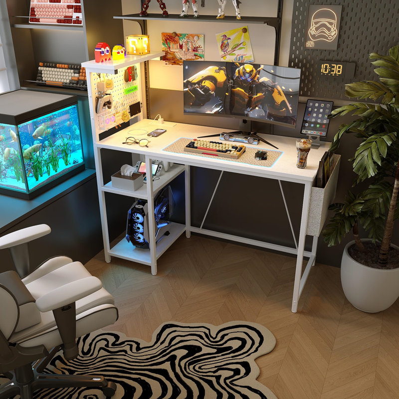 Metal Base Computer Desk with Power Outlet, White