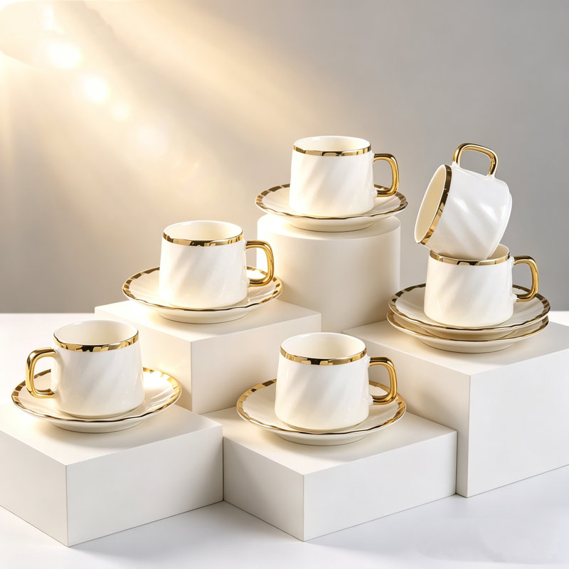 Tasse en céramique 3,4 onces coupée à la main avec soucoupe cannelée 3,4 oz (bordure dorée)