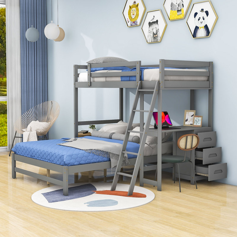 Eyvette Kids Twin Over Full Bunk Bed with Drawers, Gray
