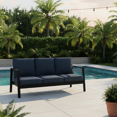 Patio 75 po 3 avec coussins bleus et structure en aluminium noir - revêtement en poudre multicouche, stabilité robuste 75 po 3 places pour l'extérieur toutes saisons, rouille, impact, détente confortable