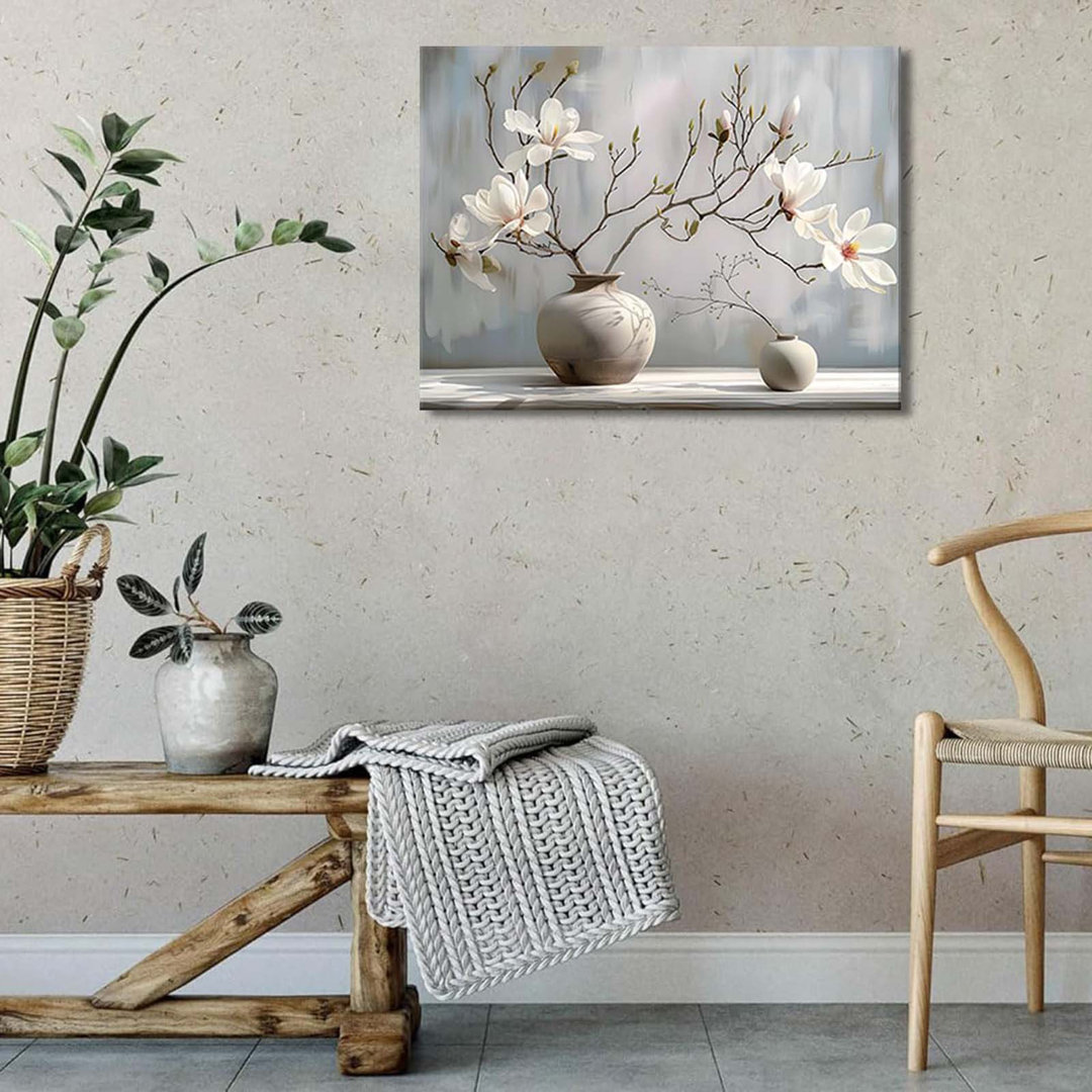 Zen Flowers Canvas Wall Art Magnolia In Ceramic Vase Wall Decor Pictures Vintage Rustic Farmhouse Floral Prints For Living Room Bedroom Bathroom Decor