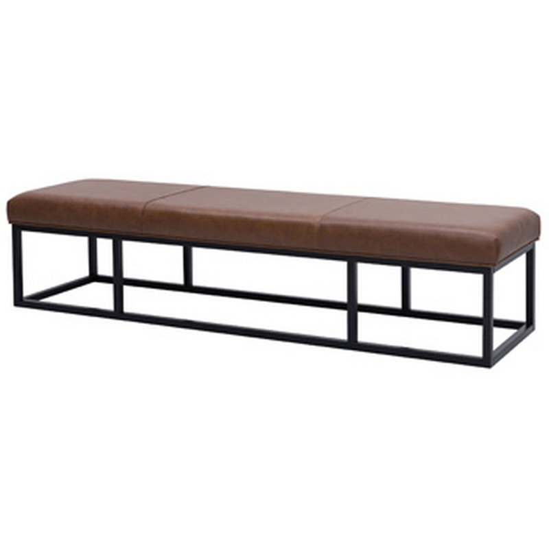 Banc décoratif, 71 po, métal noir, siège rembourré en cuir véritable brun