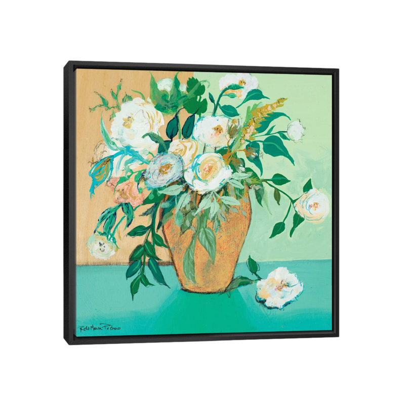 Vase Of White Roses by Robin Maria - Painting on Canvas, 93.98 cm H x 93.98 cm W, Black Floater Frame
