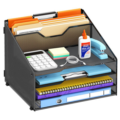 Classeur de bureau, 4 plateaux à lettres et 2 sections verticales, organisateur de papier pour bureau avec bacs à lettres à niveaux et porte-documents verticaux (noir)