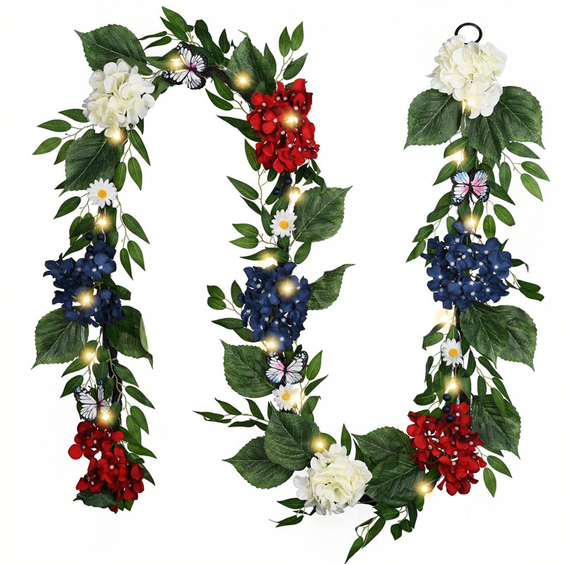 Valery Madelyn 9FT Patriotic Hydrangeas Garland with Lights for Mantle, Red White Blue Summer Floral Daisy Garland with Eucalyptus Leaves Butterfly for 4th of July Independence Day Decor