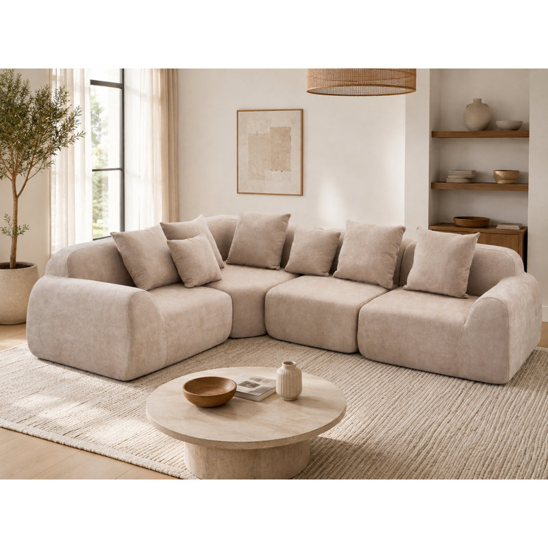 Canapé d'angle modulaire 4 places 118 po avec assise profonde et accoudoirs arrondis - Beige, Beige