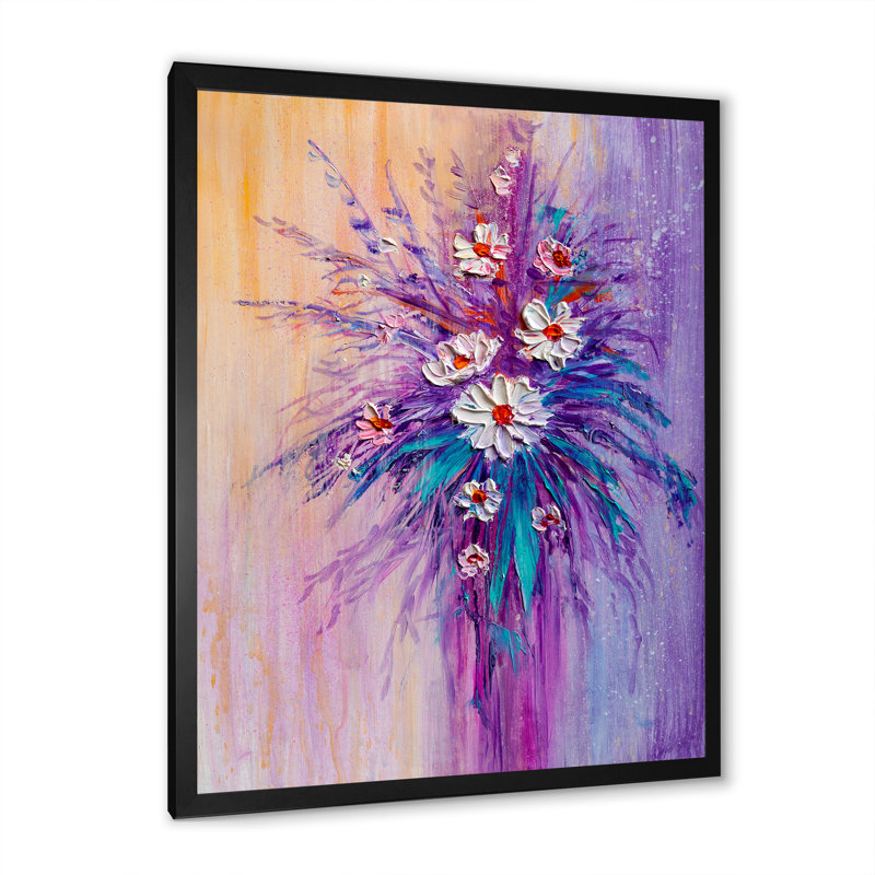 Vase de fleurs blanches et mauves - reproduction traditionnelle, H 36 po x l 24 po x P 1 po, Cadre photo noir