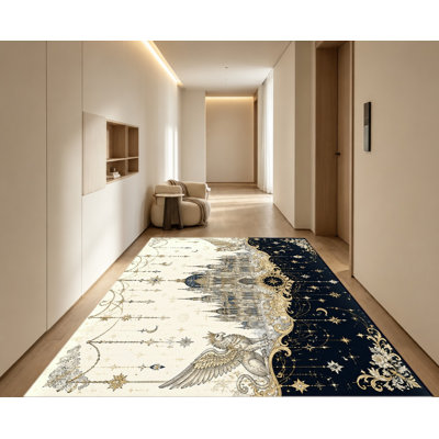 Tapis antidérapant en velours, motif orné d'un château médiéval vintage et d'une grande scène céleste, tapis décoratif pour l'intérieur du salon, de la chambre ou d'un appartement.