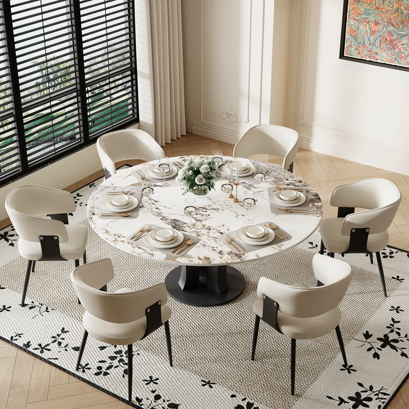 59.06'' Modern Round Dining Table, White Glossy Sintered Stone Tabletop, Black Stainless Steel Legs for 6-8 Person