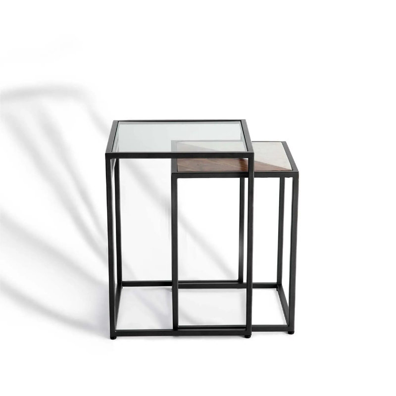2‑Piece Modern Contemporary Nesting Table Set, Glass and Metal Stacking Side Tables for Stylish Living Room Decor
