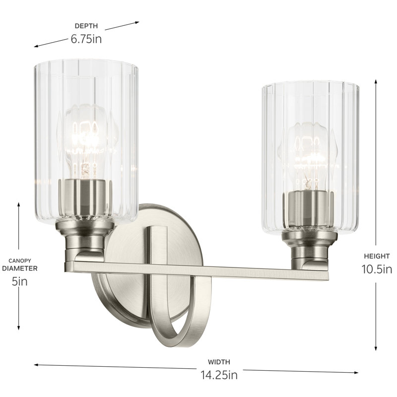 14.25" 2-Light Vanity Light with Glass, Clear, Brushed Nickel