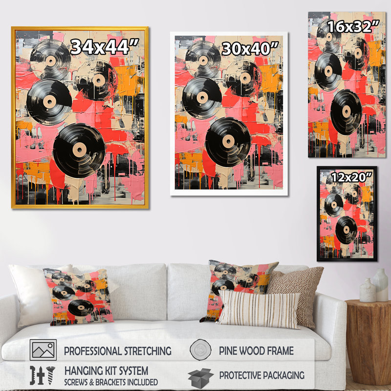 Disque vinyle rose II - Art mural disques vinyle, Cadre doré simple, H 40 po x l 30 po x P 1,5 po