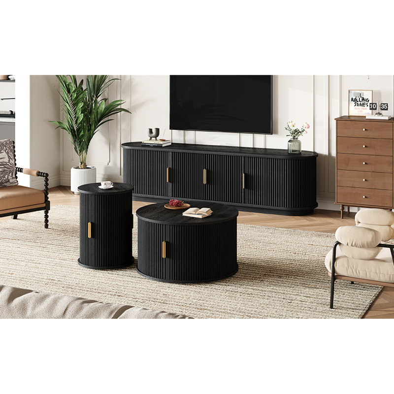 Meuble télé et table basse en bois noir, portes coulissantes cannelées à poignées dorées, espace de rangement généreux pour la conception de portes de salon, ajout de combinaisons luxueuses et polyvalentes à différents environnements