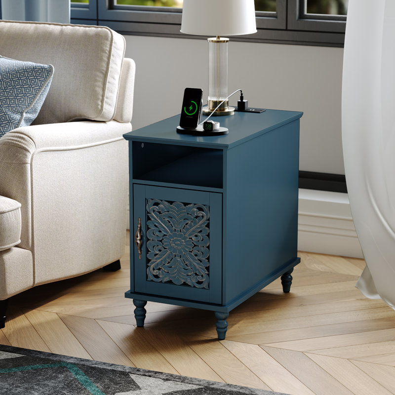 Retro End Table with Hand-Carved Door &Charging Station, Nightstand with cabinet and Shelf, Blue