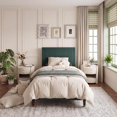 Structure de lit moderne minimaliste, lit plateforme tapissier avec tête de lit plissée verticale, aucun sommier tapissier requis, support de lattes en bois, mobilier de chambre à coucher, taille simple, vert foncé