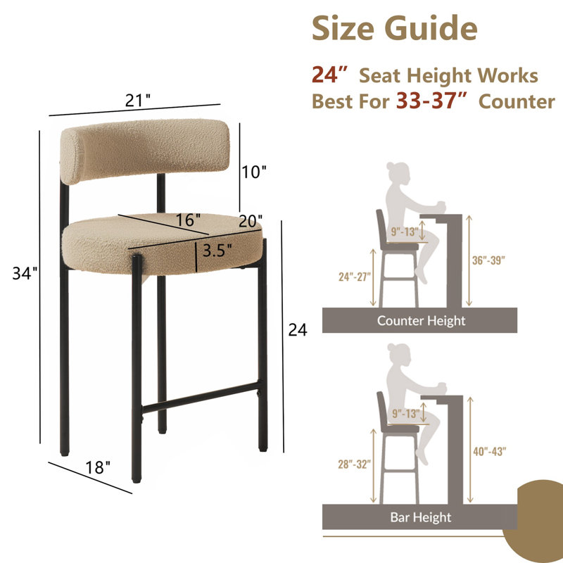 Beige Bouclé Upholstered Counter Stools with Metal Frame, Set of 4