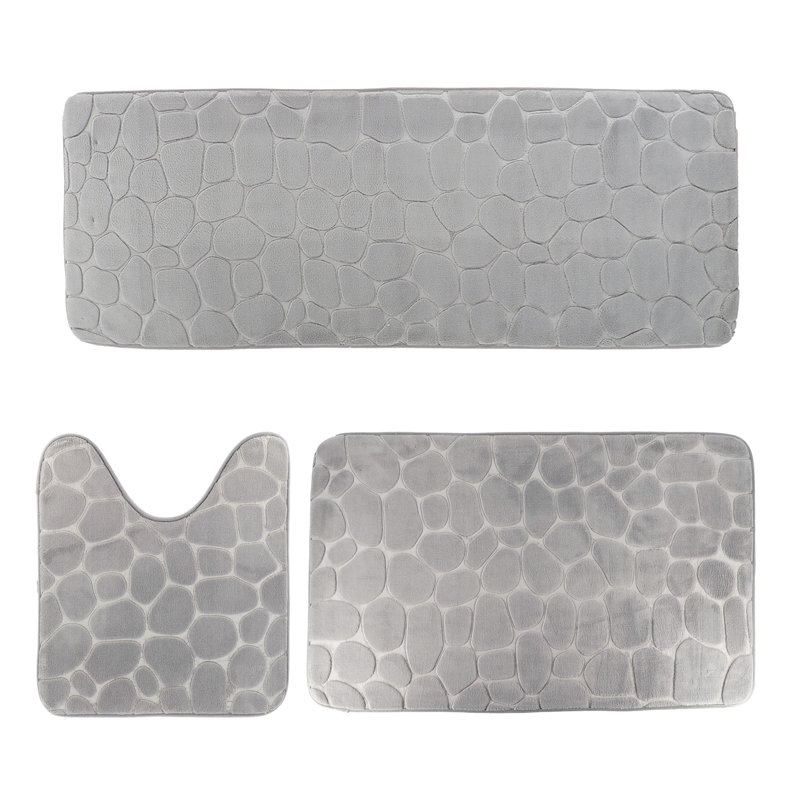 Memory Foam Bathroom Rugs Set 3 Piece Pebble Stone, Light Gray