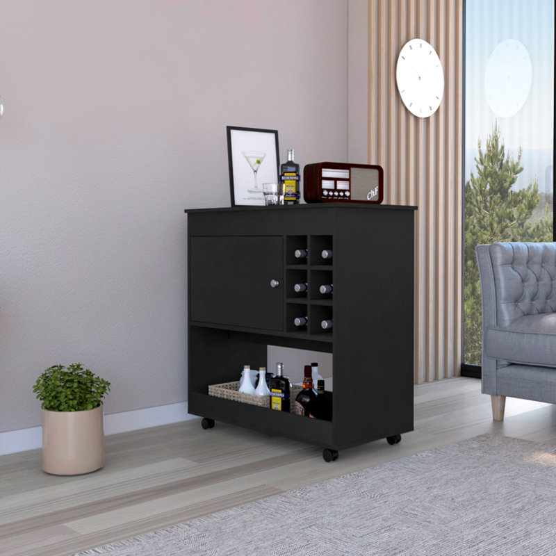Chariot-bar, panneau inférieur, six casiers à bouteilles, une armoire, finition wengé noir, Noir