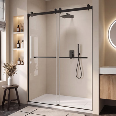 60"W x 75"H Double-Sliding Shower Door Matte Black Stainless Steel 0.31" Tempered Glass With Single-Side Nano Coating Shower Door