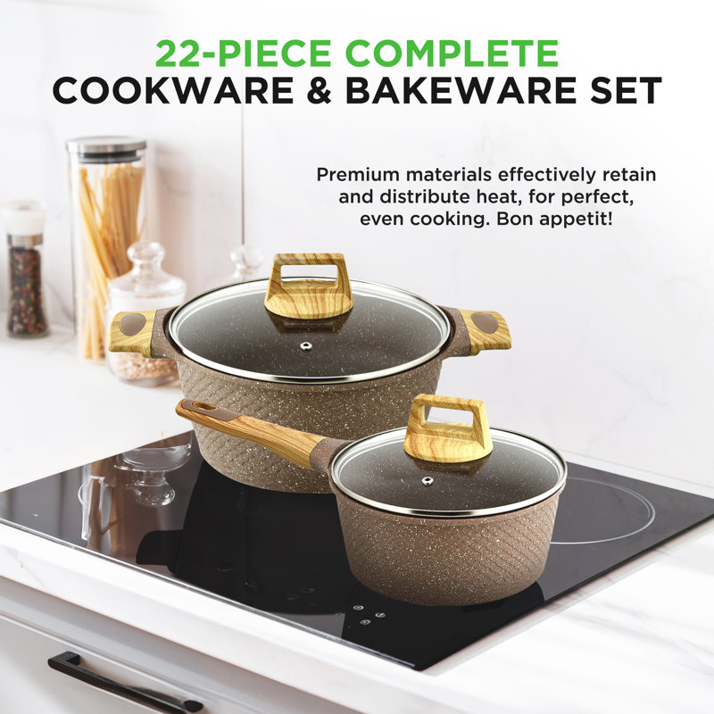 22 - Piece Non-Stick Cookware Set, Beige Wood/Cream