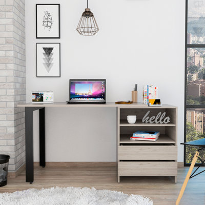 Bureau Malaui 120 avec deux pieds, deux tiroirs et deux tablettes - gris clair, parfait pour le bureau à domicile et les espaces d'étude