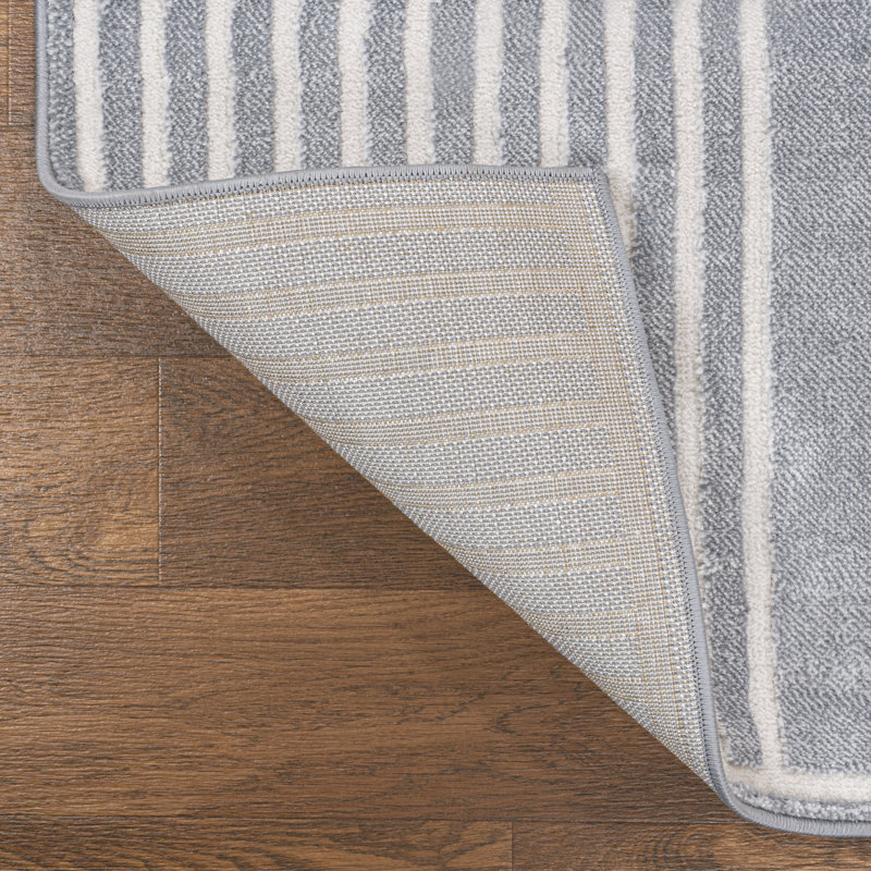 Megane MidCentury Art Deco Striped Arches Two-Tone High-Low Blue/White Rug, Rectangle 3'11" x 6'