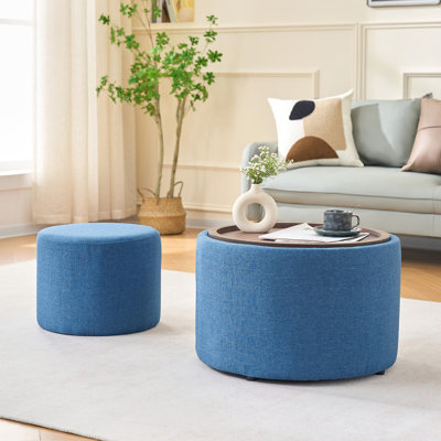 Repose-pieds rond en lin bleu avec rangement caché et plateau en bois, 2 pour la chambre à coucher, 41 à usage multifonctionnel, espace confortable, bureau à haute structure en mousse, pratique