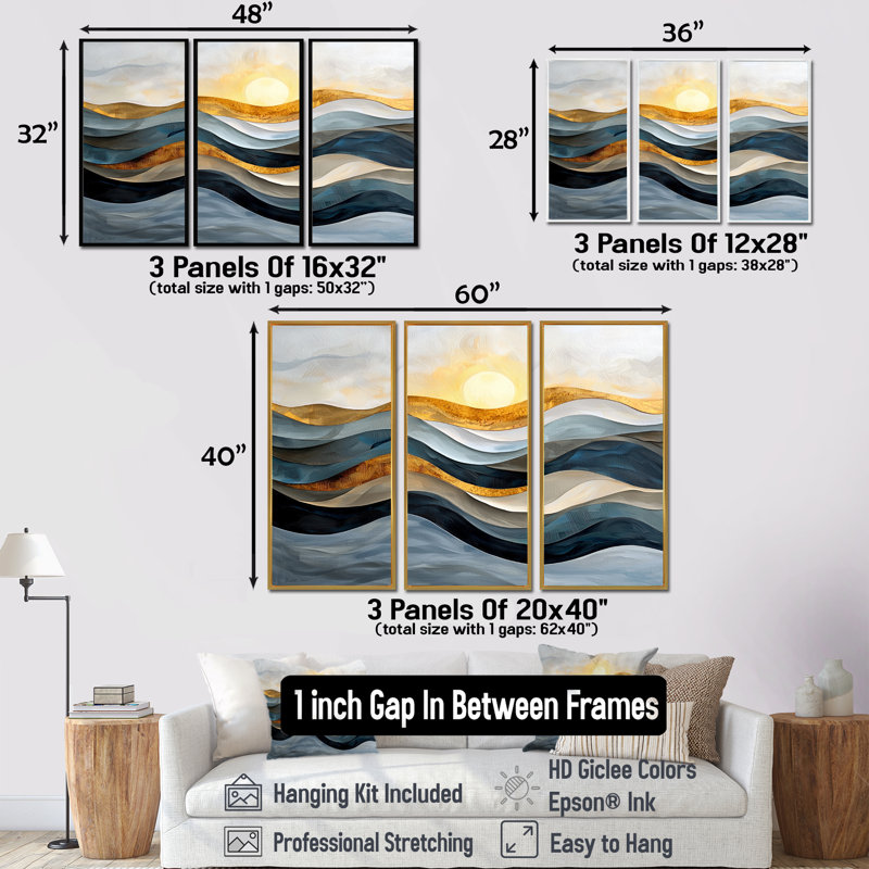 Ensemble de salon art mural jaune et gris audacieux au coucher du soleil II - Paysages abstraits, H 28 po x l 36 po x P 1 po