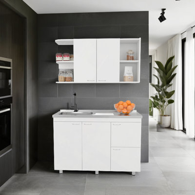 Ensemble d'armoires de cuisine avec rangement supérieur et inférieur, 4 portes et tablettes ouvertes