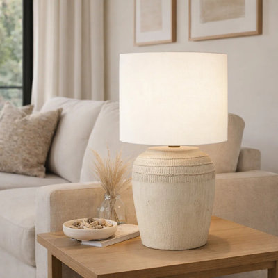 Lampe de table Pany, 17 po, abat-jour tambour ivoire, base de pot en céramique beige
