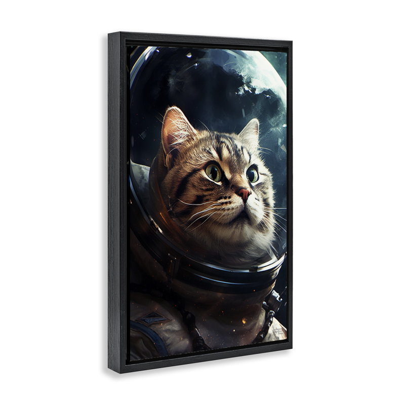 «Amazed Astronaut Cat» par Roozbeh Bahramali, H 25 po x l 17 po, Cadre flottant noir de jais